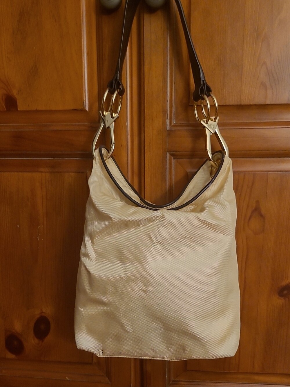 Jean-Pierre Klifa Beige Shoulder Bag with Dark Brown Straps and Gold Accents